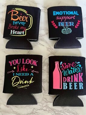 Funny Black Beer Can Koozies with Colorful Slogans - set of 4 brand new